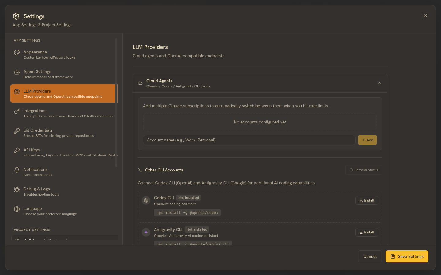 LLM provider settings