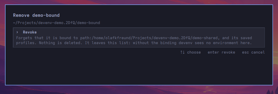 The removal chooser for demo-bound, with Revoke as its only choice