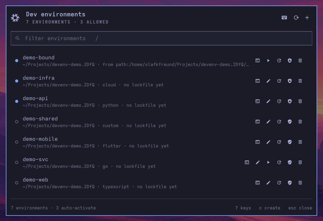 The menu listing demo projects, demo-bound first, reading from path to demo-shared, with no edit button