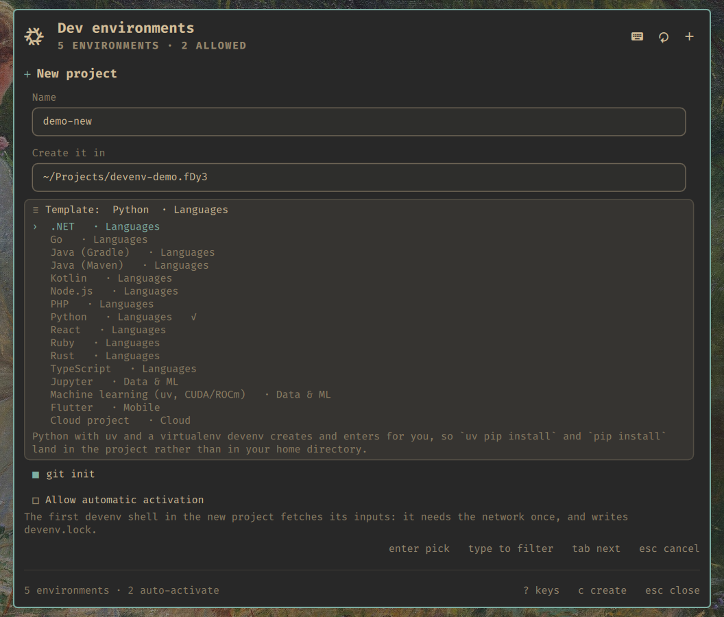 The create form with the template list open