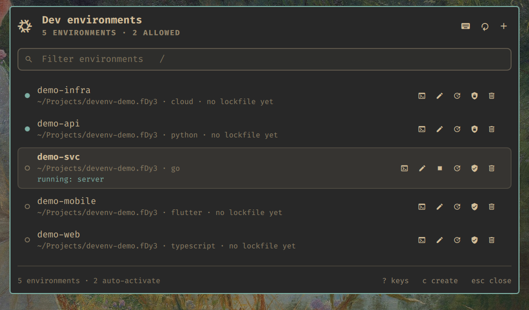 The full-screen menu listing demo projects with their folder, template and state