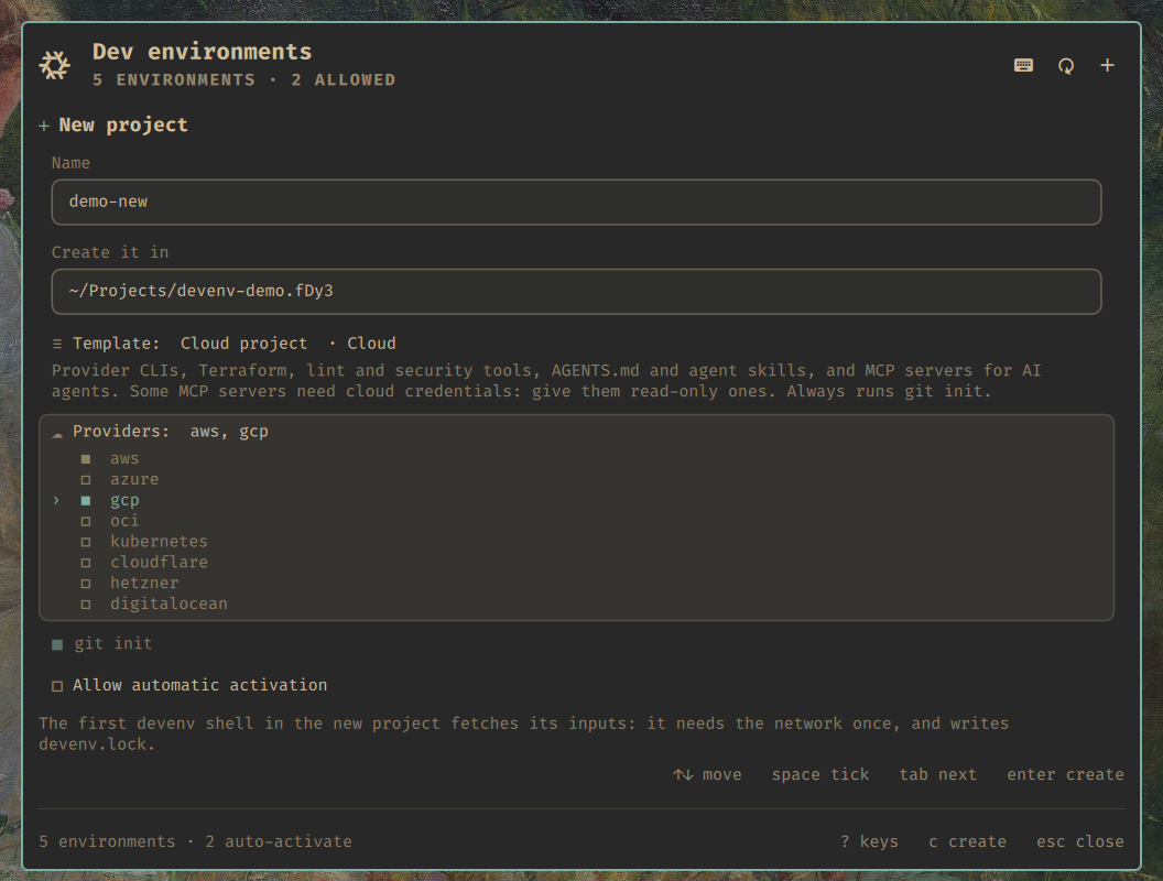 The create form with the cloud template and provider checkboxes