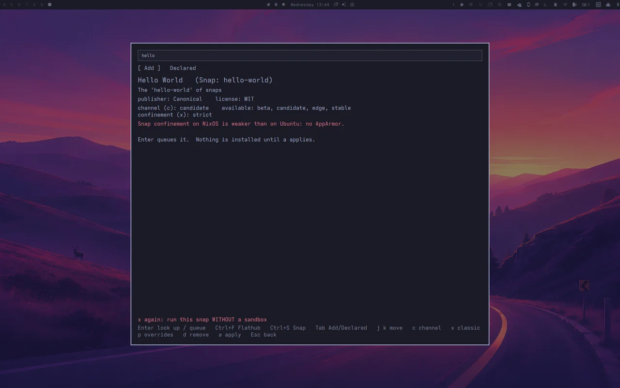 hello-world's card with the red line: x again, run this snap WITHOUT a sandbox