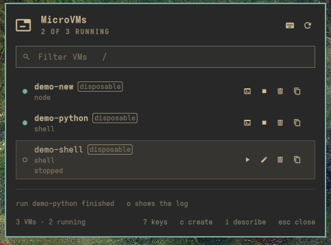A second start refused with the message: Busy, run demo-python, press o to watch