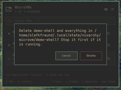 The delete dialog naming the VM's state directory, with Cancel focused