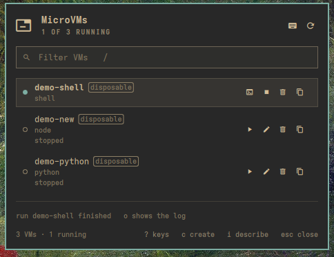 The bar popup listing three disposable VMs, one of them running