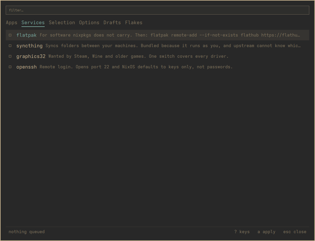 The Services tab: flatpak, syncthing, graphics32 and openssh, each with a note