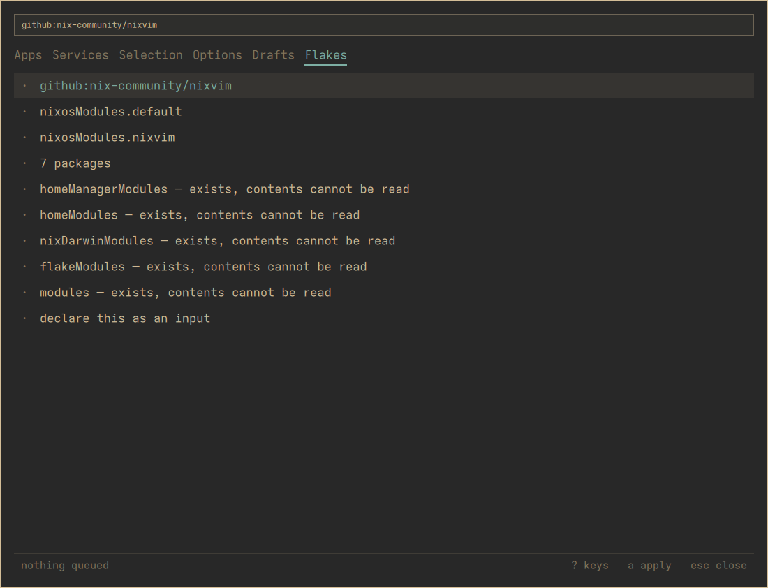 The Flakes tab inspecting github:nix-community/nixvim: two nixosModules, seven packages, and module namespaces that exist but cannot be read