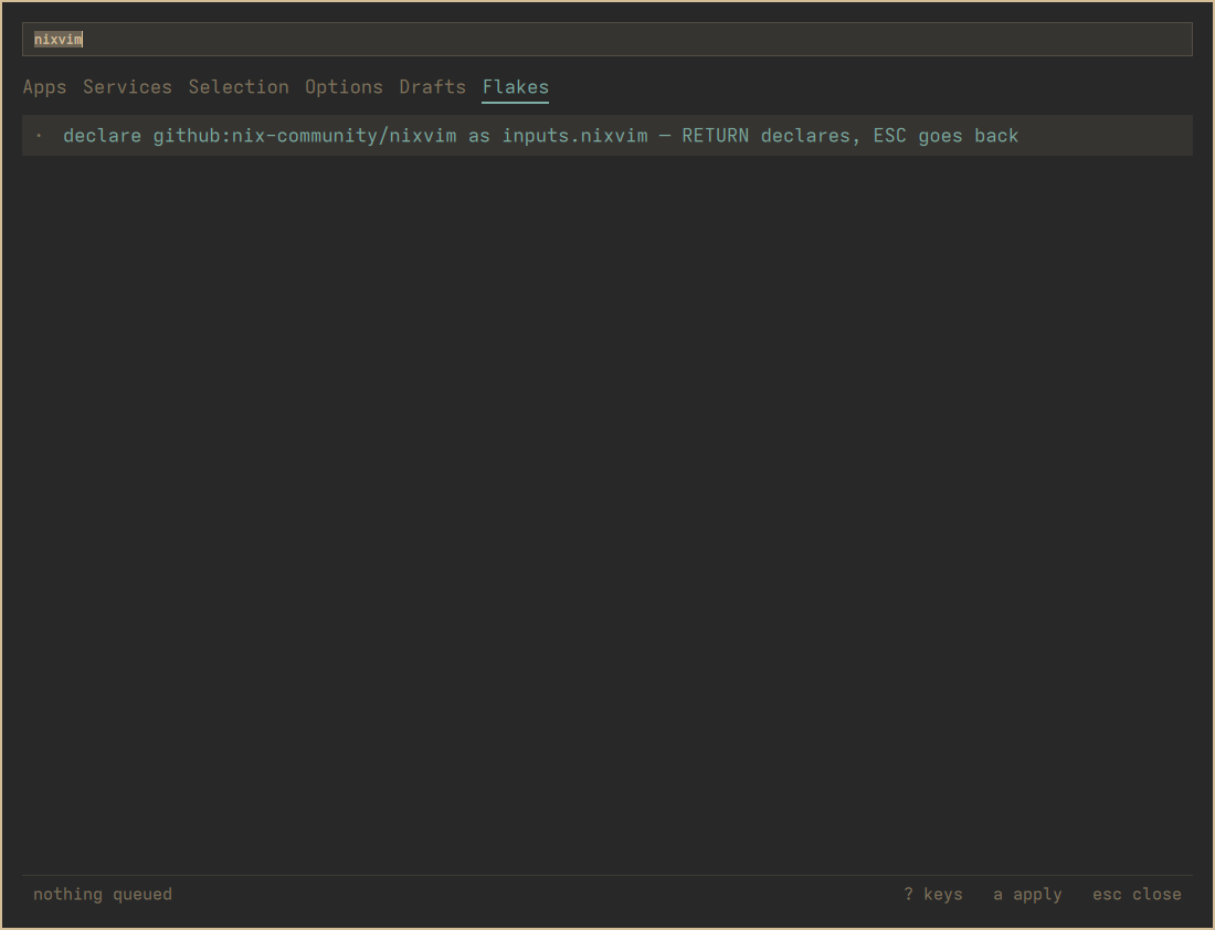 Naming a flake input: the field suggests 'nixvim', and the row reads 'declare github:nix-community/nixvim as inputs.nixvim — RETURN declares, ESC goes back'
