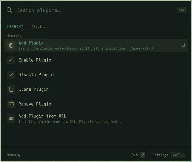 Setup ▸ Plugins: Add Plugin opens the browser, and Add Plugin from URL keeps the old prompt