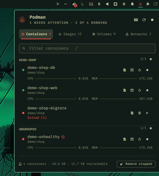 Containers tab