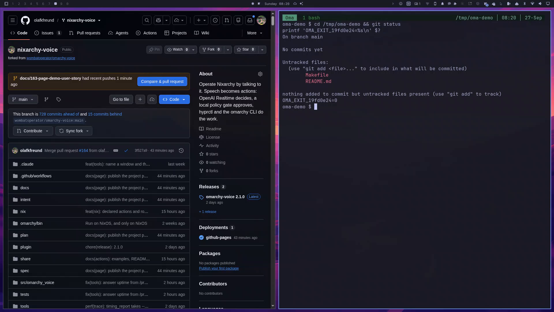 Oma's own terminal session, beside the page she opened: git status in the demo repository
