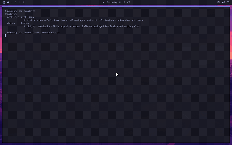 nixarchy box templates listing archlinux and debian, box create pulling the Arch image with podman, distrobox enter, /etc/os-release answering Arch Linux, pacman installing fastfetch inside the box, and fastfetch printing "OS: Arch Linux x86_64" with "WM: Hyprland (Wayland)"