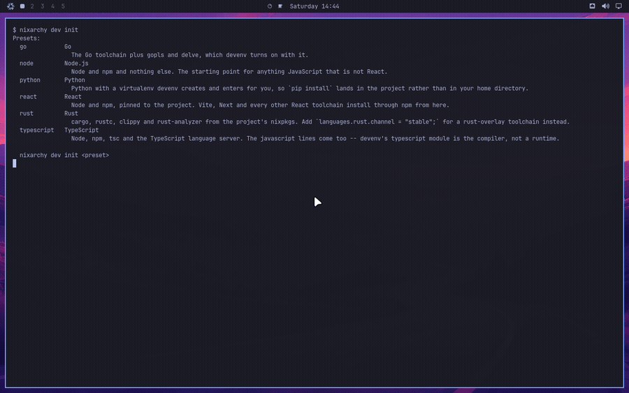 nixarchy dev init listing the presets, then scaffolding a real project — the devenv files written into the directory