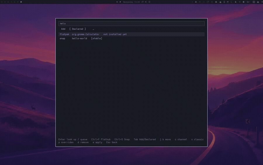 Pressing a on the Declared list: the rebuild streams into the panel (build log shortened), the desktop reloads, and the panel reopens with both apps installed