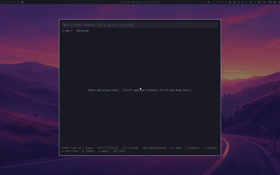 The Flatpak and Snap panel: a Flathub link for GNOME Calculator typed in, its card showing publisher, license and sandbox permissions, and Enter queueing it