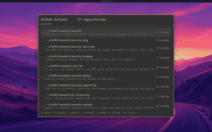 The GitHub Actions panel opening on a search for nixarchy, narrowing it, then following a running workflow down to the steps of its install job and back out