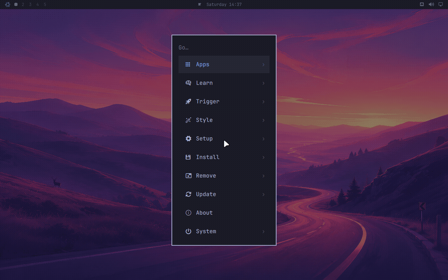 The Omarchy menu opening its Update submenu, with the rows Nixarchy, Config, Process, Hardware, Firmware, Password, Timezone and Time