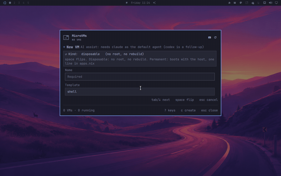 The create form's Template field emptied to list six templates by name (agent, agent-claude, hyprland, k3s, node, persistent), the cursor moving down the list, then narrowed to the agent templates and to node, and widened again