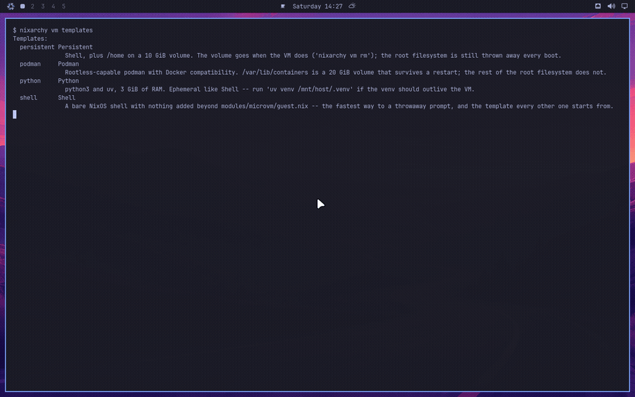 nixarchy vm templates listing shell, python, podman and persistent; vm create demo --template shell; vm list; then vm run booting the guest through systemd to "Welcome to NixOS 26.11", automatic login as dev, and uname -a answering from inside the guest