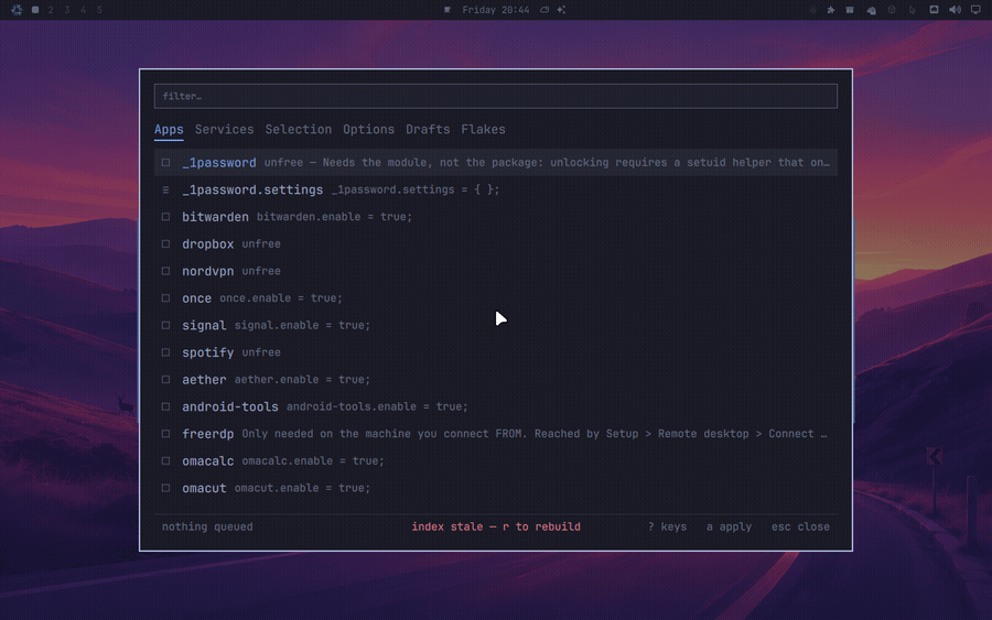 The package manager: across its tabs, then one app ticked and the line that writes
