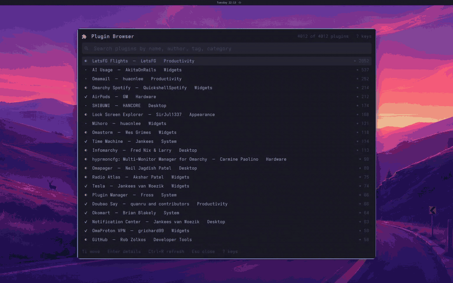 The Plugin Browser: a search for monitor, hyprmoncfg's preview and its two verdicts, then Display Watcher, which passes both