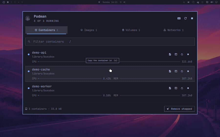 The Podman panel: containers, images and volumes, then a container stopping