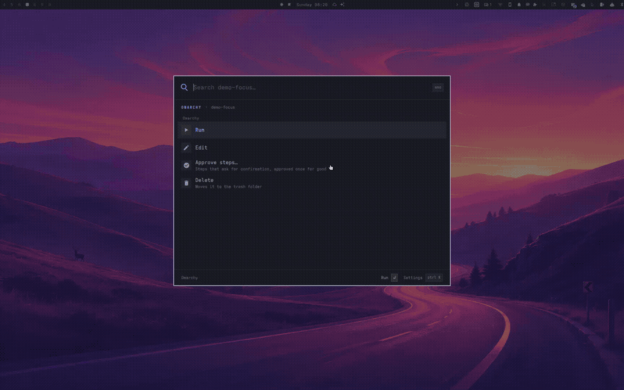 Voice ▸ Actions: a saved action run from the menu, ending on git status in Oma's own terminal