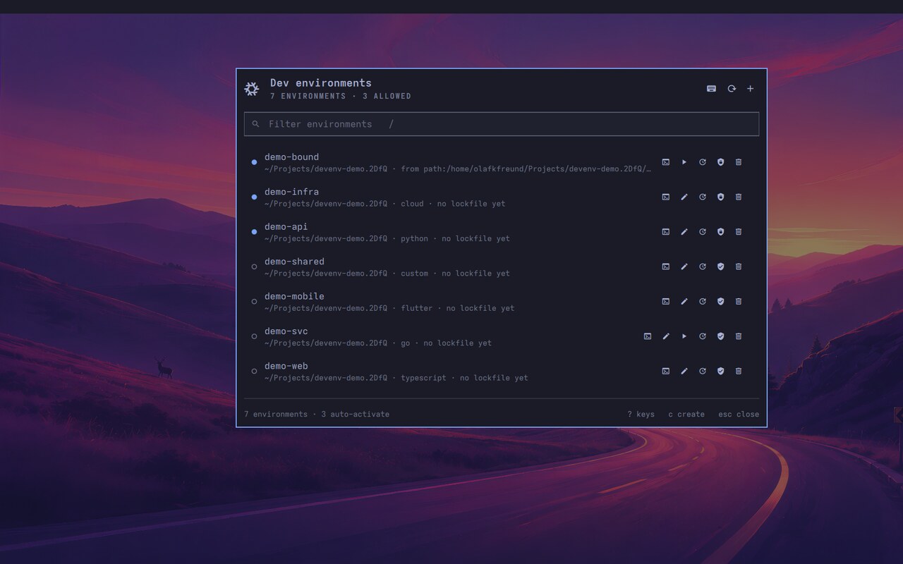 The Dev environments menu: demo projects, demo-bound first, reading from its source with no edit button