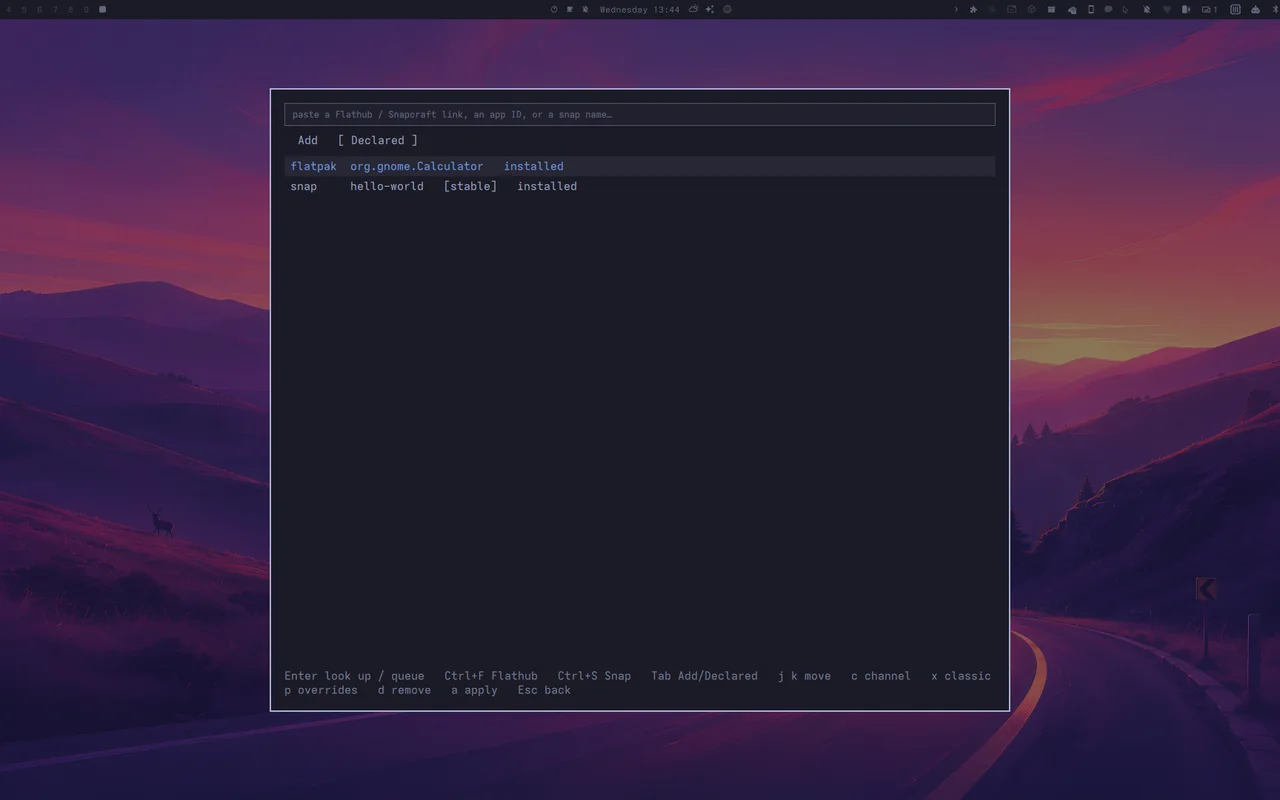 The Declared list after apply, with GNOME Calculator and hello-world both installed