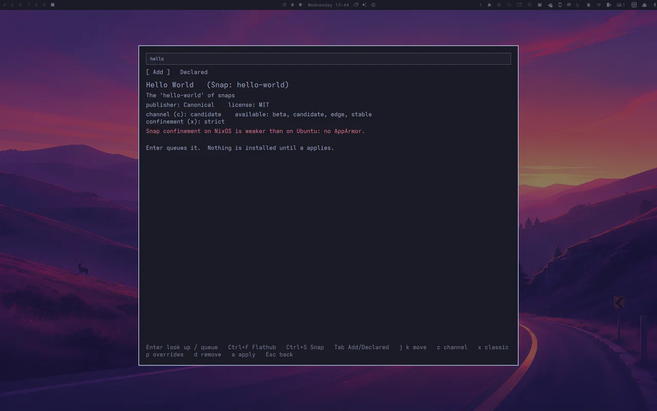 hello-world's card: channel, confinement, and the red line saying Snap confinement on NixOS is weaker than on Ubuntu