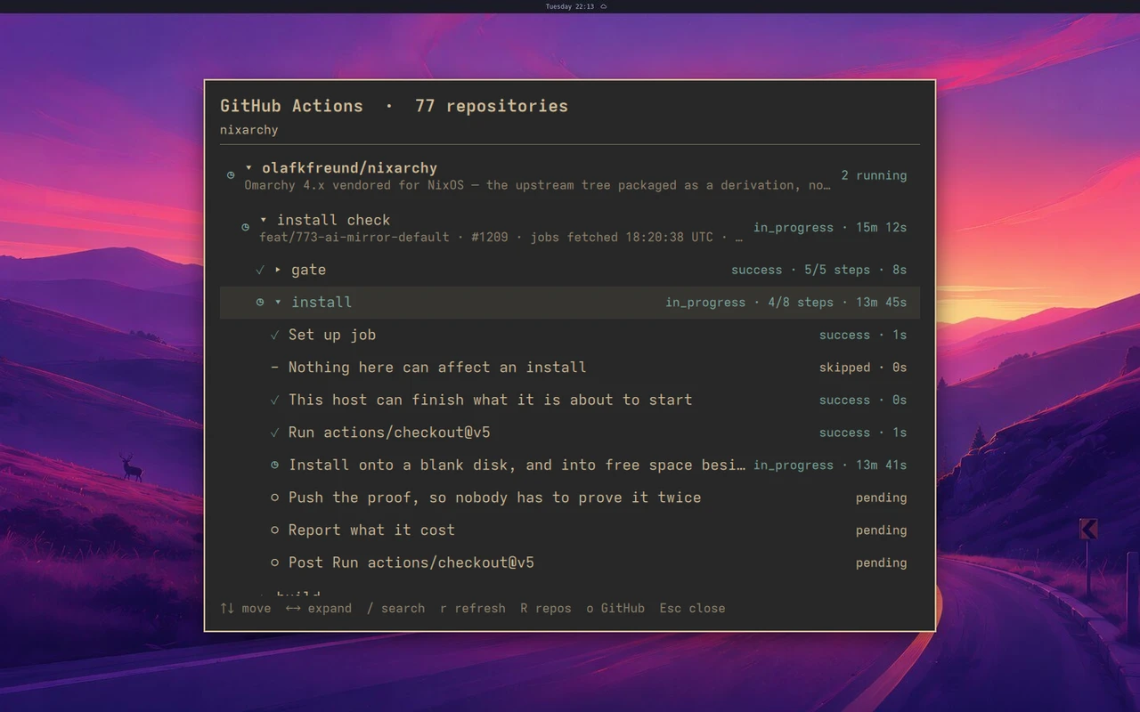 A running install check expanded to its jobs, and the install job to its eight steps with their status and timers