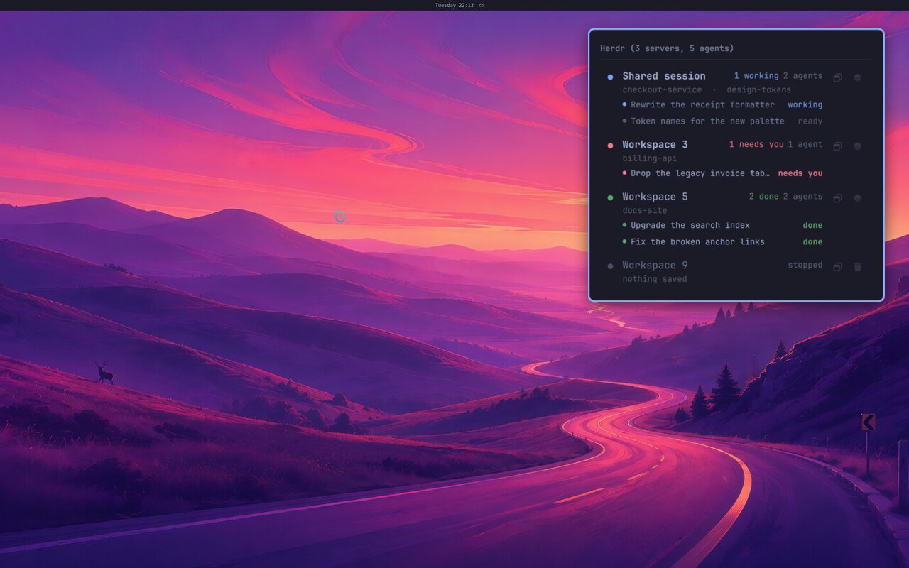 The herdr popup, still: three sessions, one agent needing you, two done