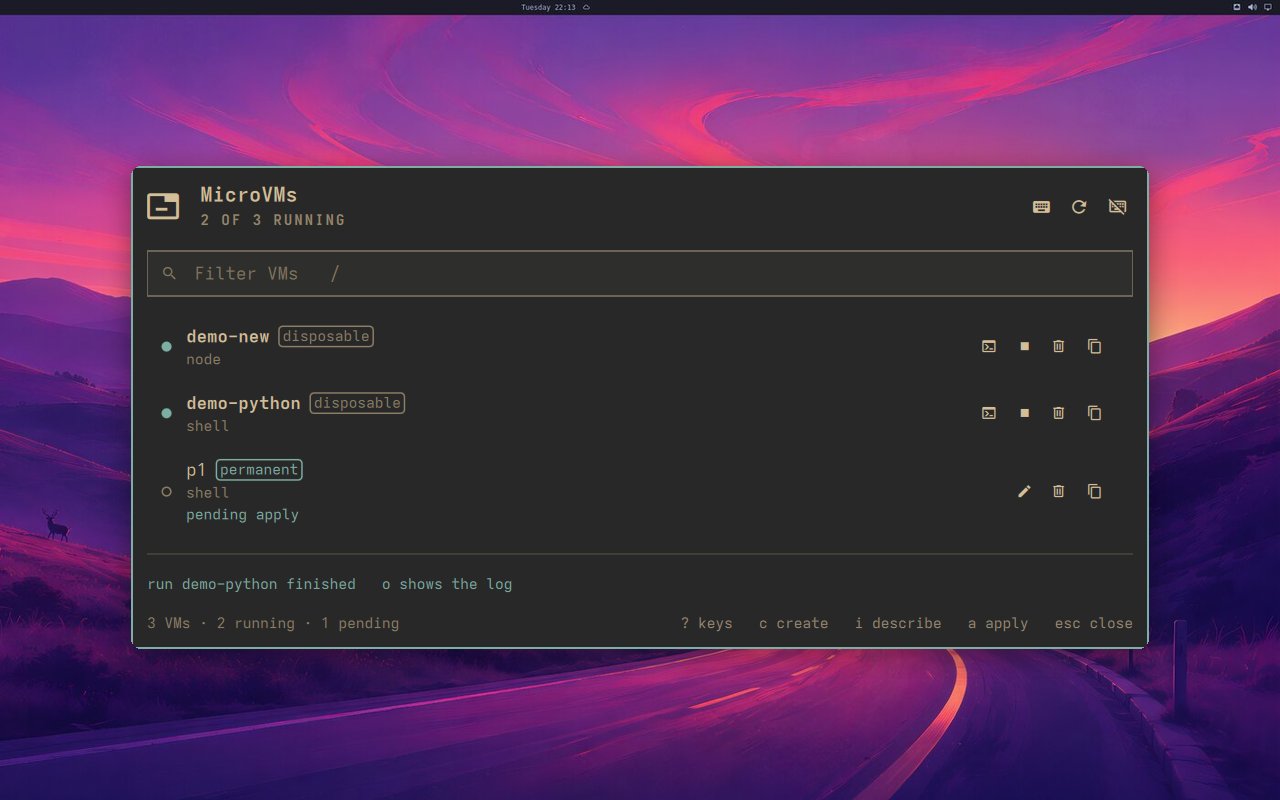 The MicroVMs menu: two disposable VMs running and a permanent one pending apply, in one list