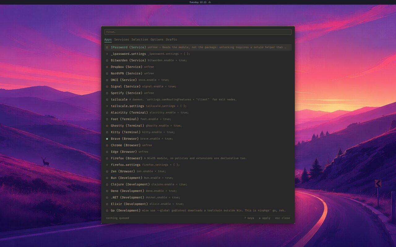 The package manager's Apps tab: curated apps and services, with what each one turns on