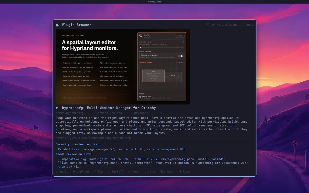 hyprmoncfg's details: its marketplace preview, then review required, and needs review on NixOS because it installs itself with pacman or yay