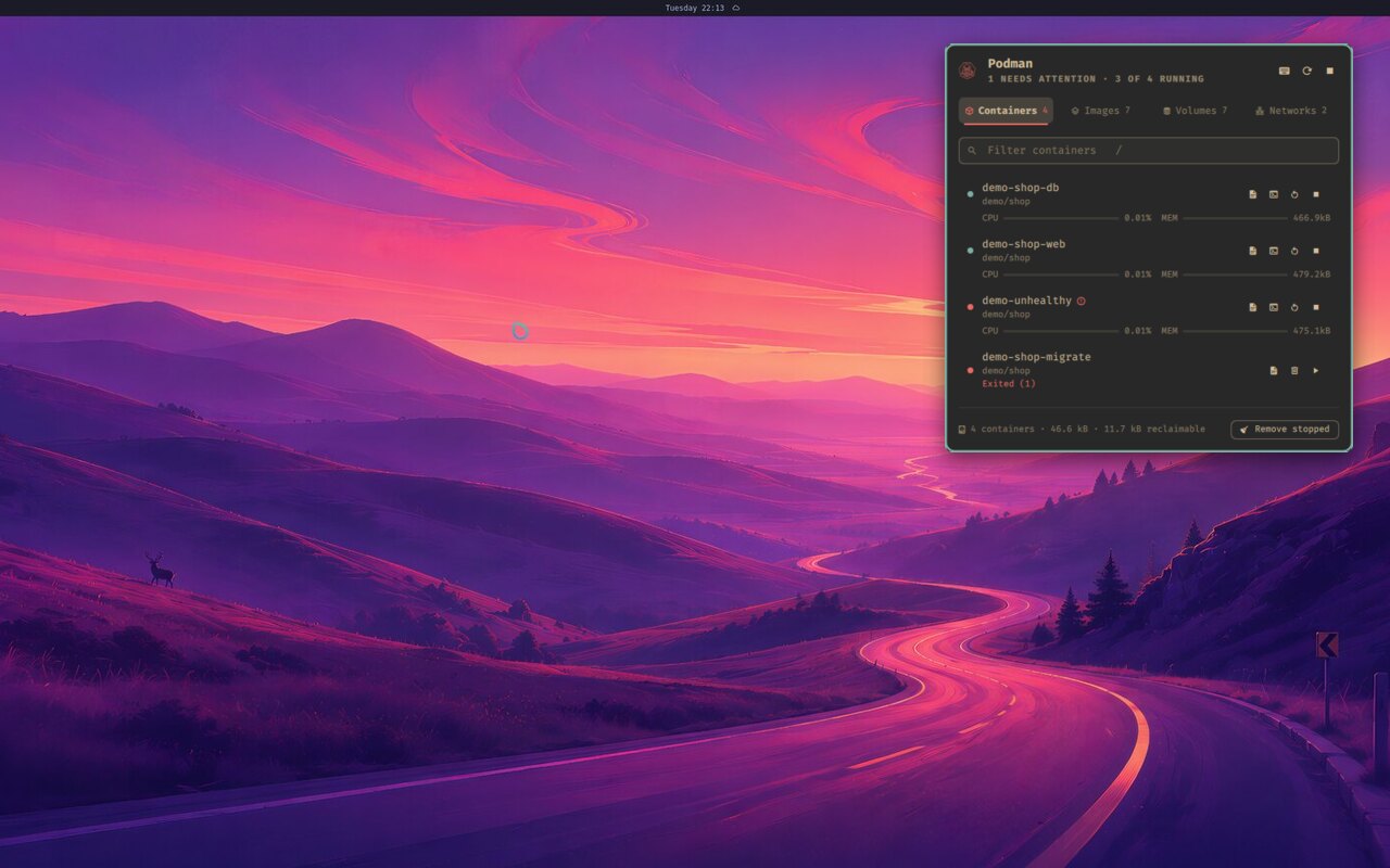 The Podman panel's Containers tab: three of four running, one needing attention