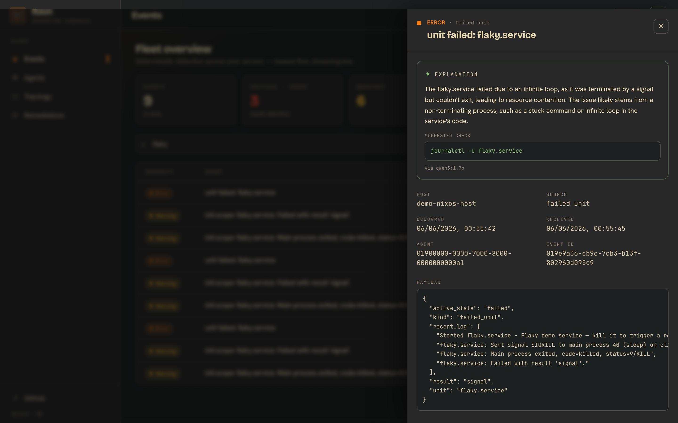A failed systemd unit, explained in plain language with a suggested check